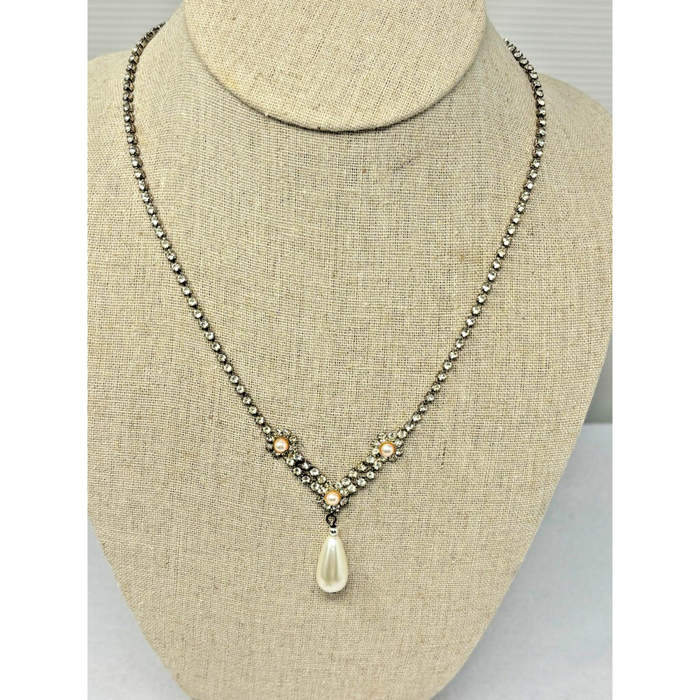 SP BC LIND Rhinstone and Pearl Necklace Art‎ Deco Vintage